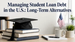 Minimalist and realistic educational workspace illustrating student loan finances in the United States. A black graduation cap rests on a stack of academic books positioned on a clean wooden desk. In the background, a softly blurred American flag reinforces the U.S. context. To the right, a notebook with a pen, a ceramic coffee mug, and a small green plant create a professional and organized atmosphere. At the top of the image, the title “Managing Student Loan Debt in the U.S.: Long-Term Alternatives” appears prominently in large dark-blue lettering. The composition is clean, well-lit, and focused on higher education and long-term financial planning, with balanced contrasts and sharp details.