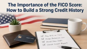 Minimalist and realistic financial workspace scene featuring a wooden desk with a dark wallet and credit cards in the foreground, a checklist clipboard about building strong credit history, books, coffee mug, and a blurred American flag in the background. Large bold title at the top reads “The Importance of the FICO Score: How to Build a Strong Credit History”. Clean composition with balanced lighting and professional atmosphere related to personal finance and credit management in the United States.