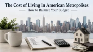 Minimalist and realistic editorial-style image about finances and the cost of living in American metropolitan cities. The scene shows a blurred New York-style skyline in the background with a clean desk setup in the foreground, including a notebook with a monthly budget plan, calculator, coffee mug, small house model, wallet with cash, and a plant. At the top, the title reads “The Cost of Living in American Metropolises: How to Balance Your Budget.” The composition is clean, modern, and focused on urban finances and budget management in the United States.