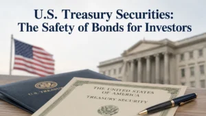 Realistic and minimalist financial scene representing investments in U.S. Treasury securities, featuring a Treasury bond certificate, elegant pen, blurred American flag, and a classical government building in the background. The image includes the title “U.S. Treasury Securities: The Safety of Bonds for Investors” at the top in a refined serif font, conveying security, stability, and investor confidence.
